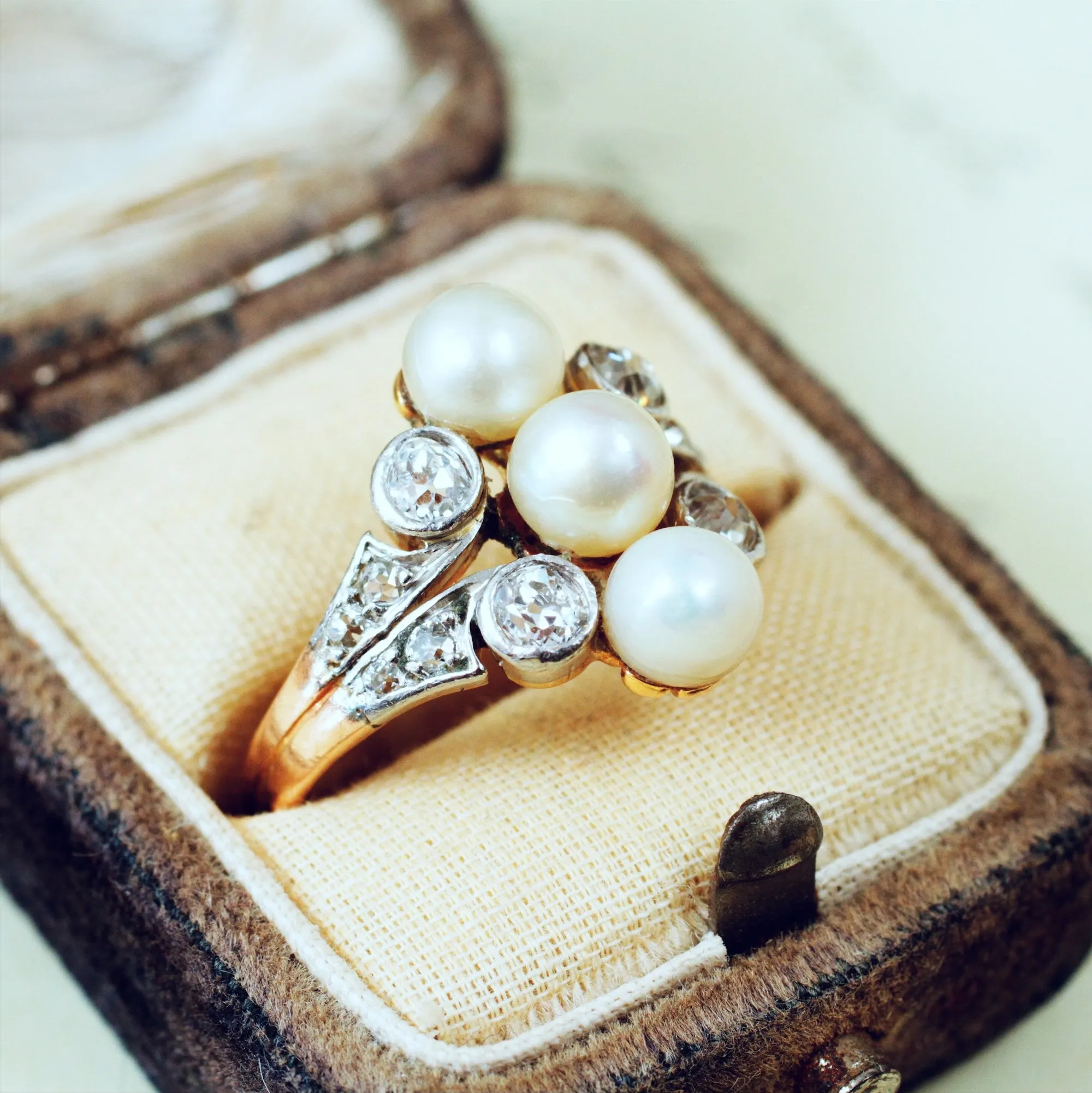 Antique Art Nouveau Certificated Natural Pearl & Diamond Ring