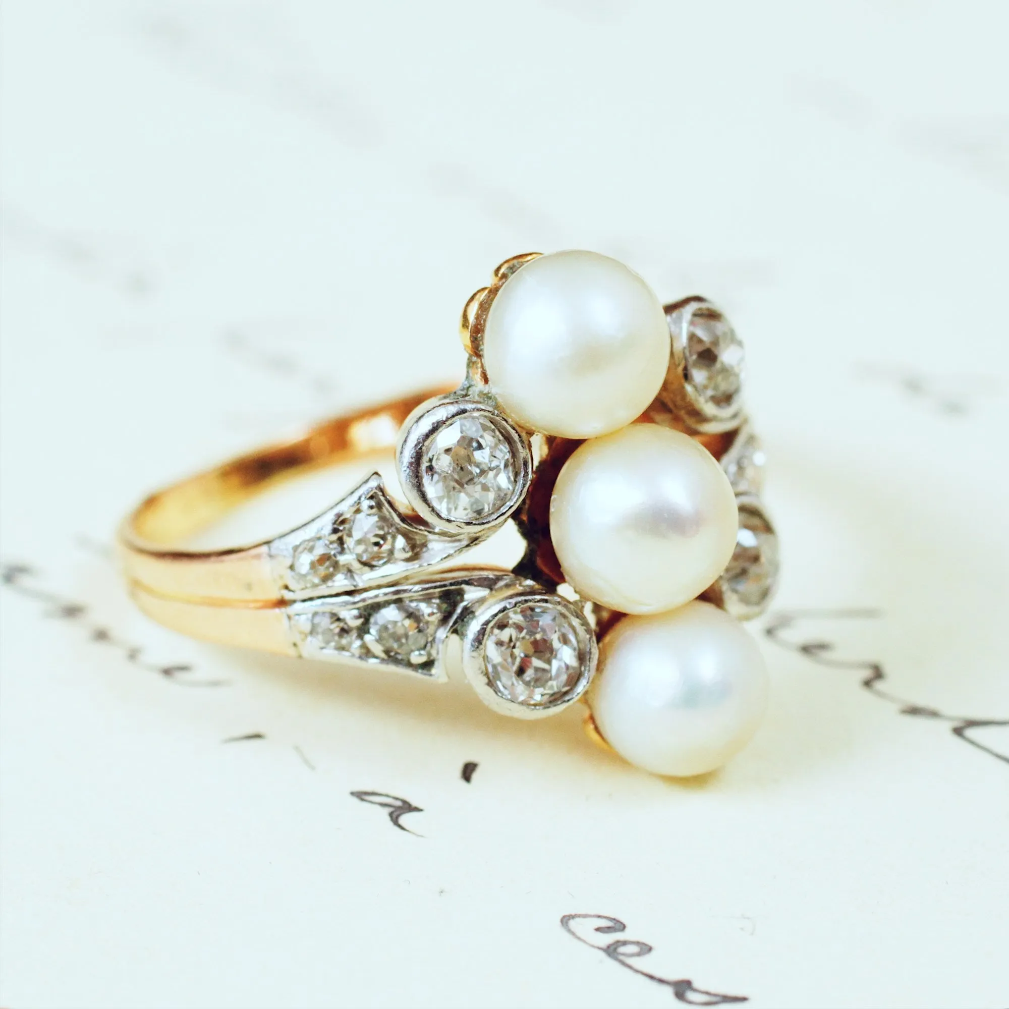 Antique Art Nouveau Certificated Natural Pearl & Diamond Ring