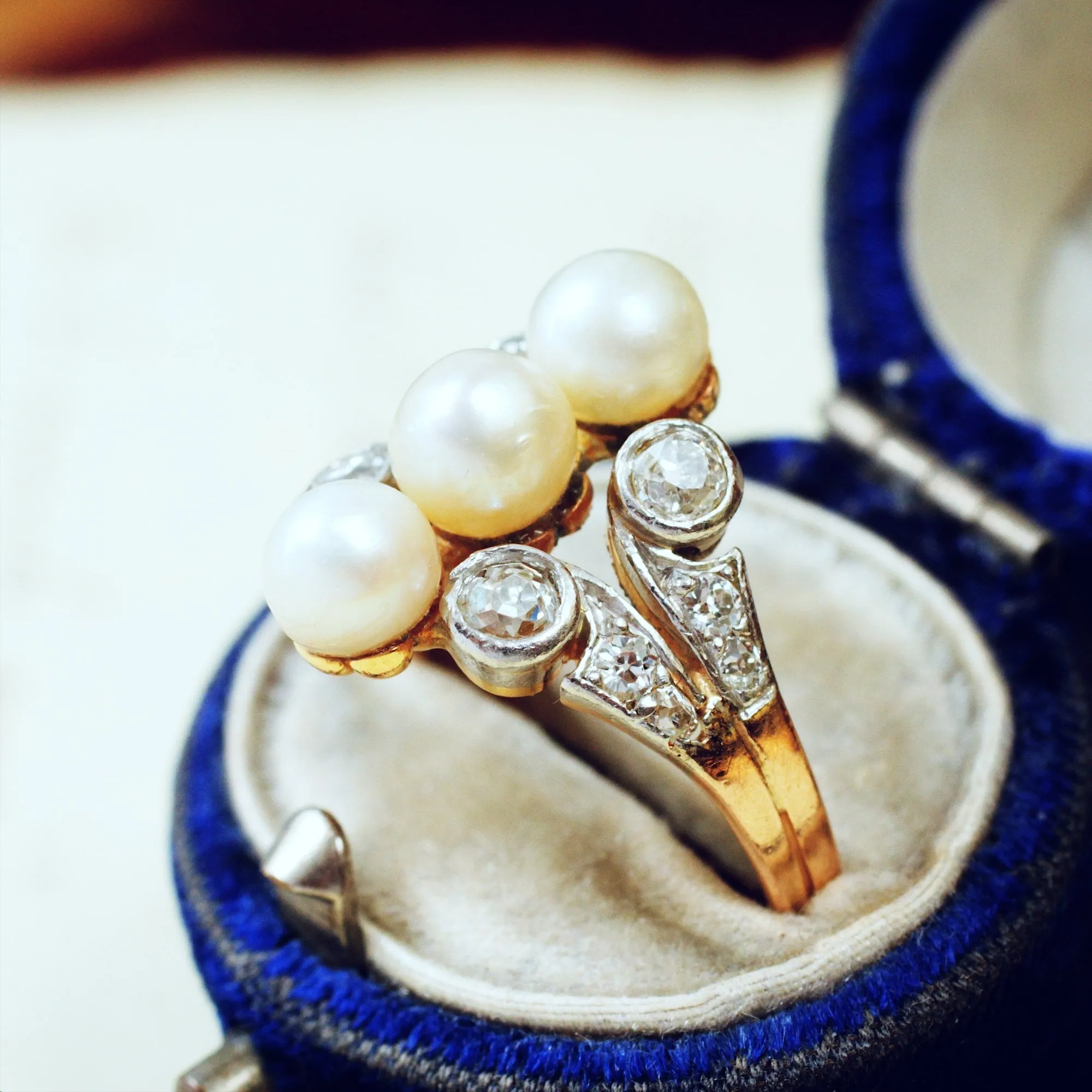 Antique Art Nouveau Certificated Natural Pearl & Diamond Ring