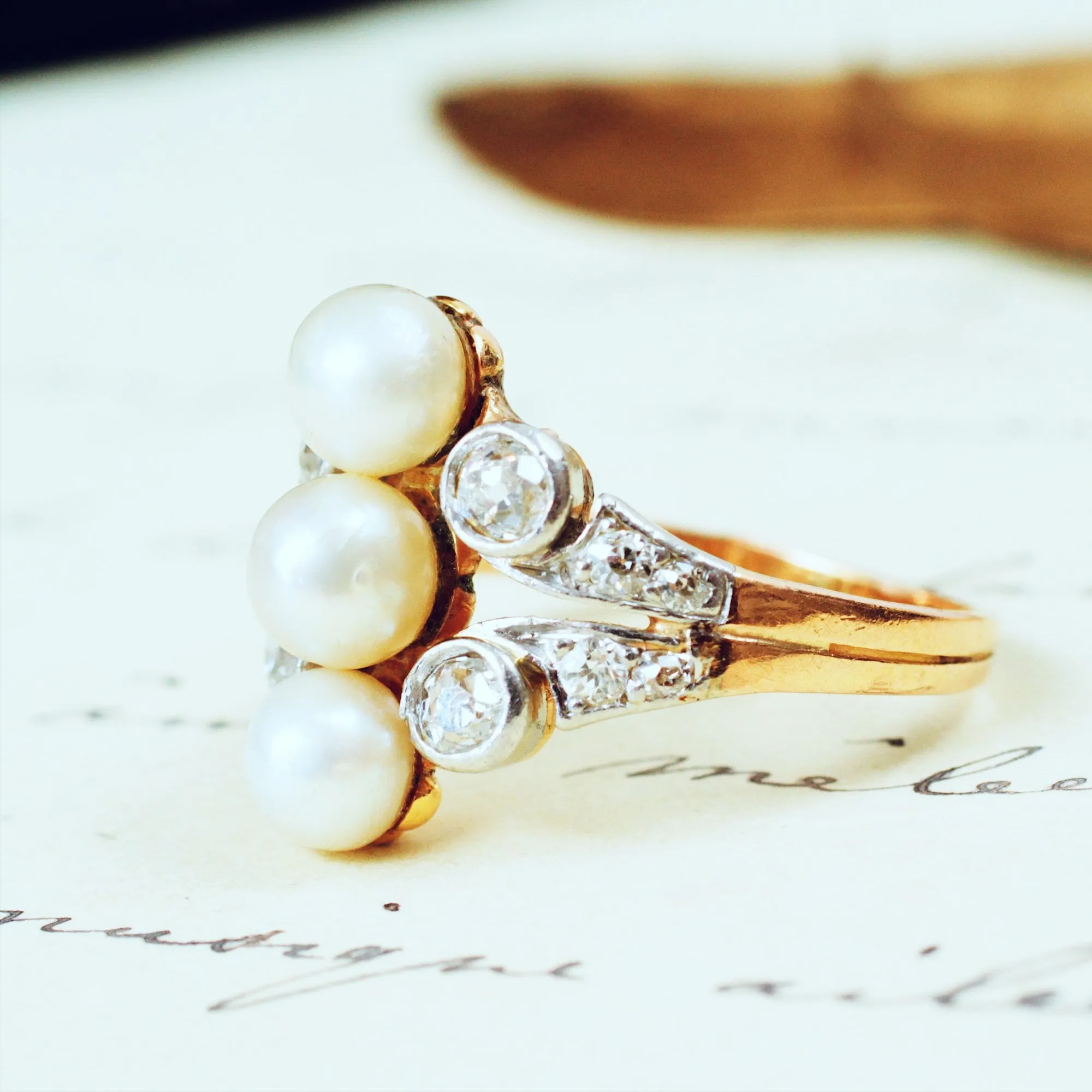 Antique Art Nouveau Certificated Natural Pearl & Diamond Ring