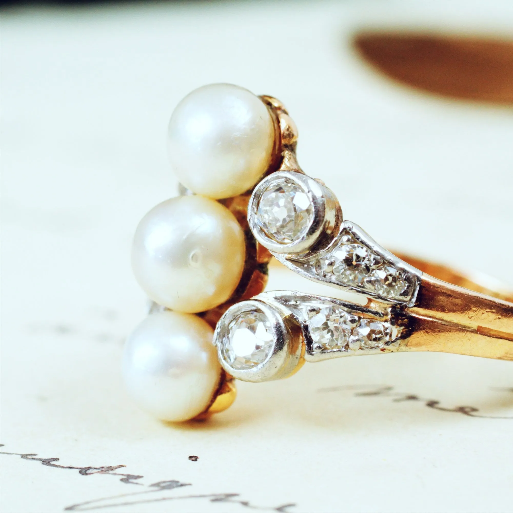 Antique Art Nouveau Certificated Natural Pearl & Diamond Ring