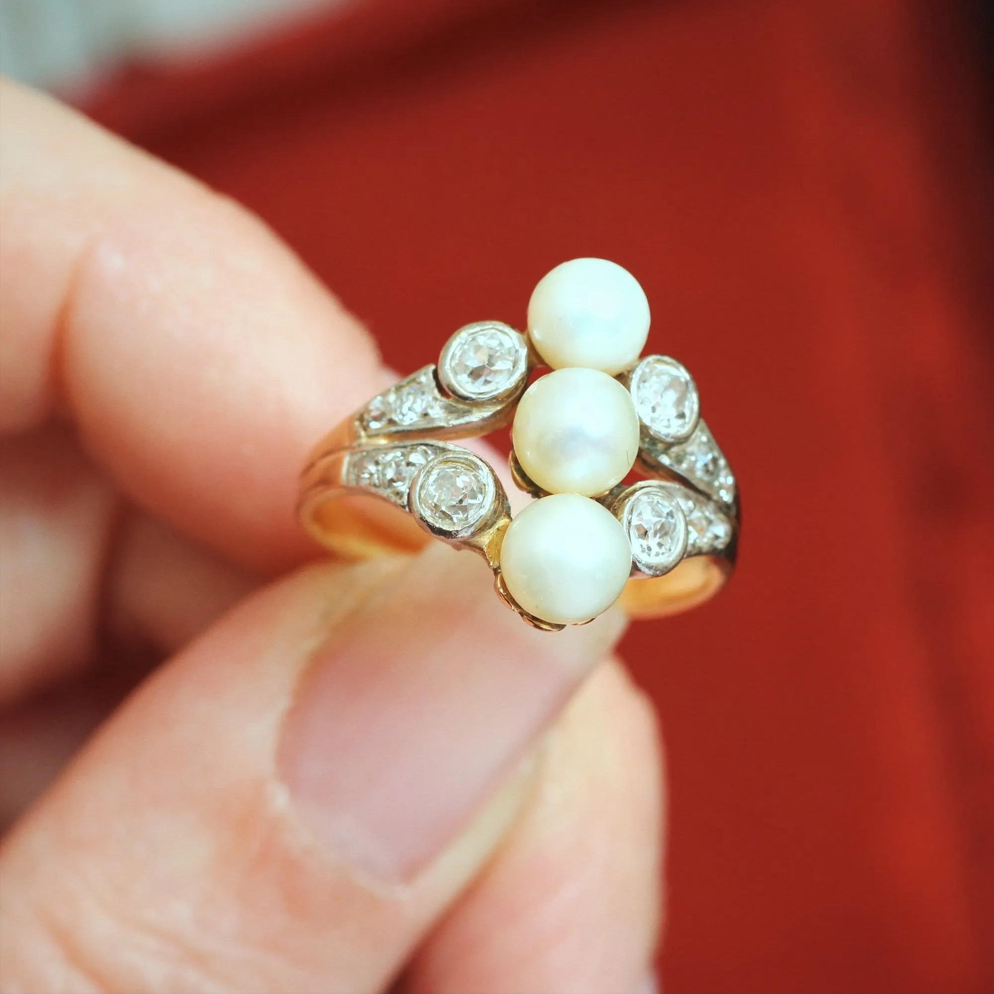 Antique Art Nouveau Certificated Natural Pearl & Diamond Ring