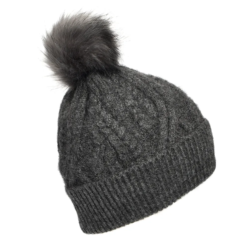 Barbour Hats Elsdon Cable Knit Faux Fur Pom Bobble Hat - Grey