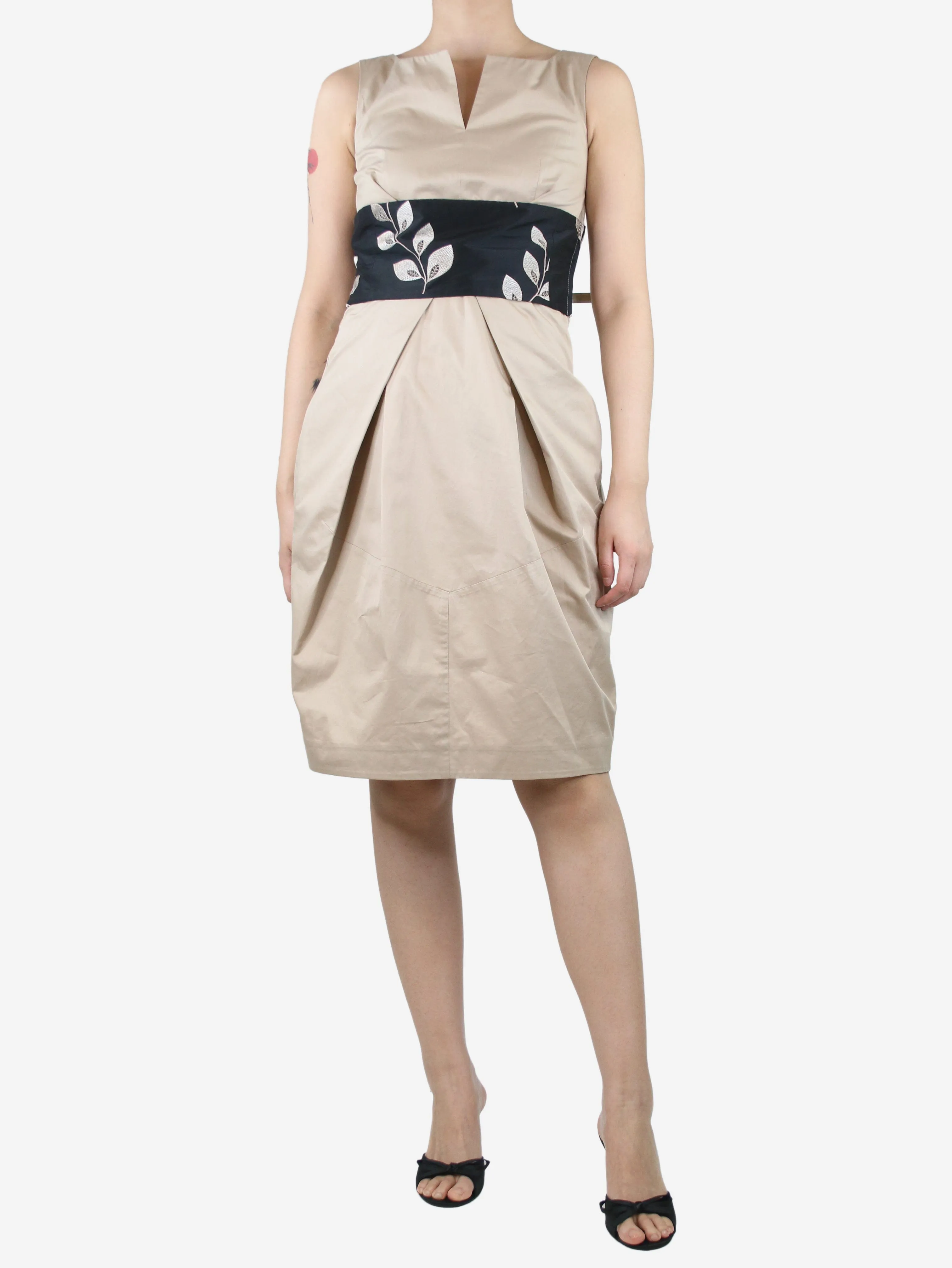 Beige sleeveless cotton midi dress - size UK 8