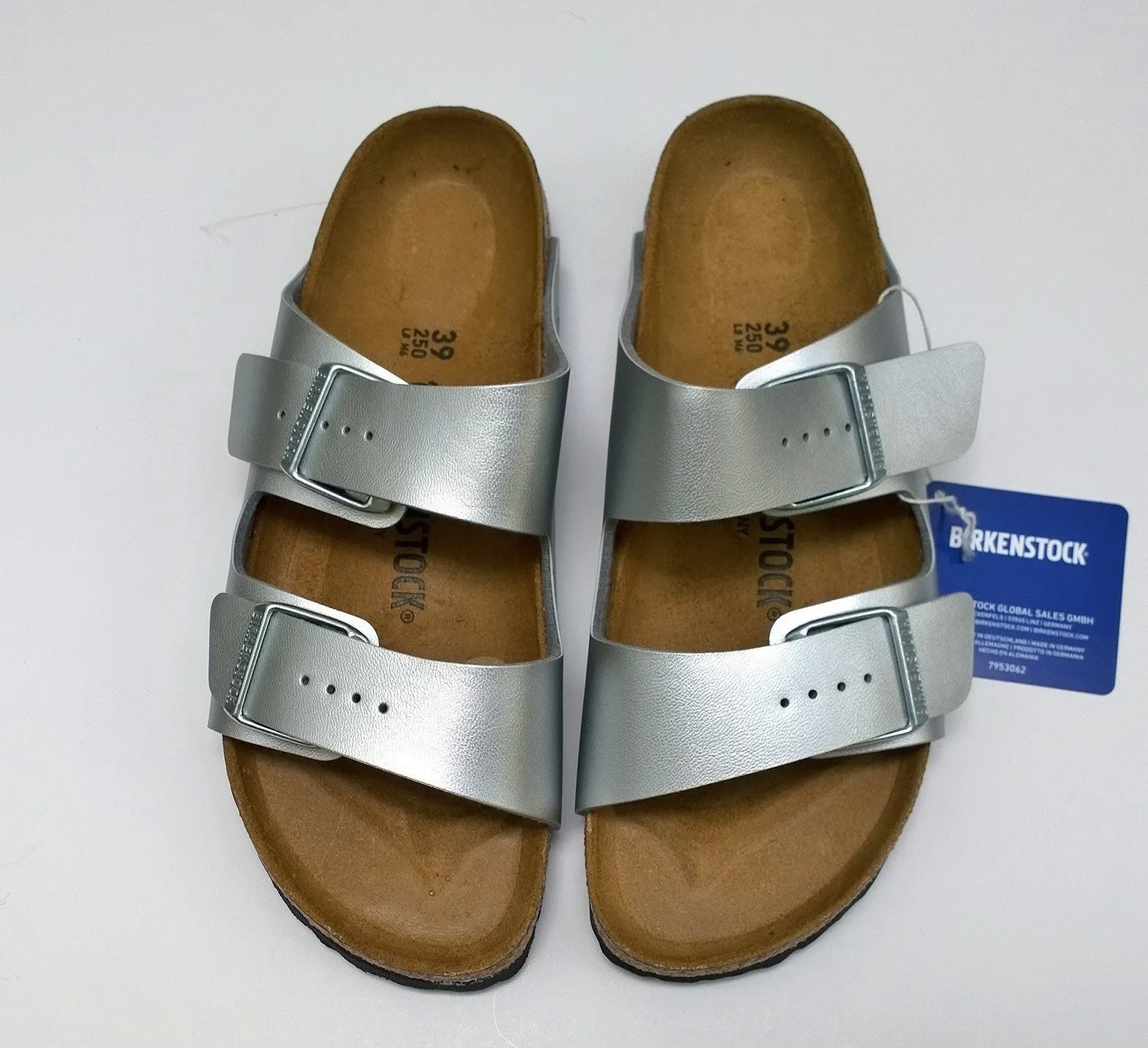 Birkenstock Arizona Silver Slides Birko-flor Sandals Narrow Flats