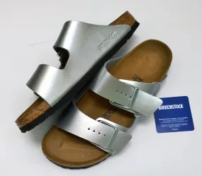 Birkenstock Arizona Silver Slides Birko-flor Sandals Narrow Flats