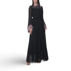 Black Feathered Sleeve Long Dress