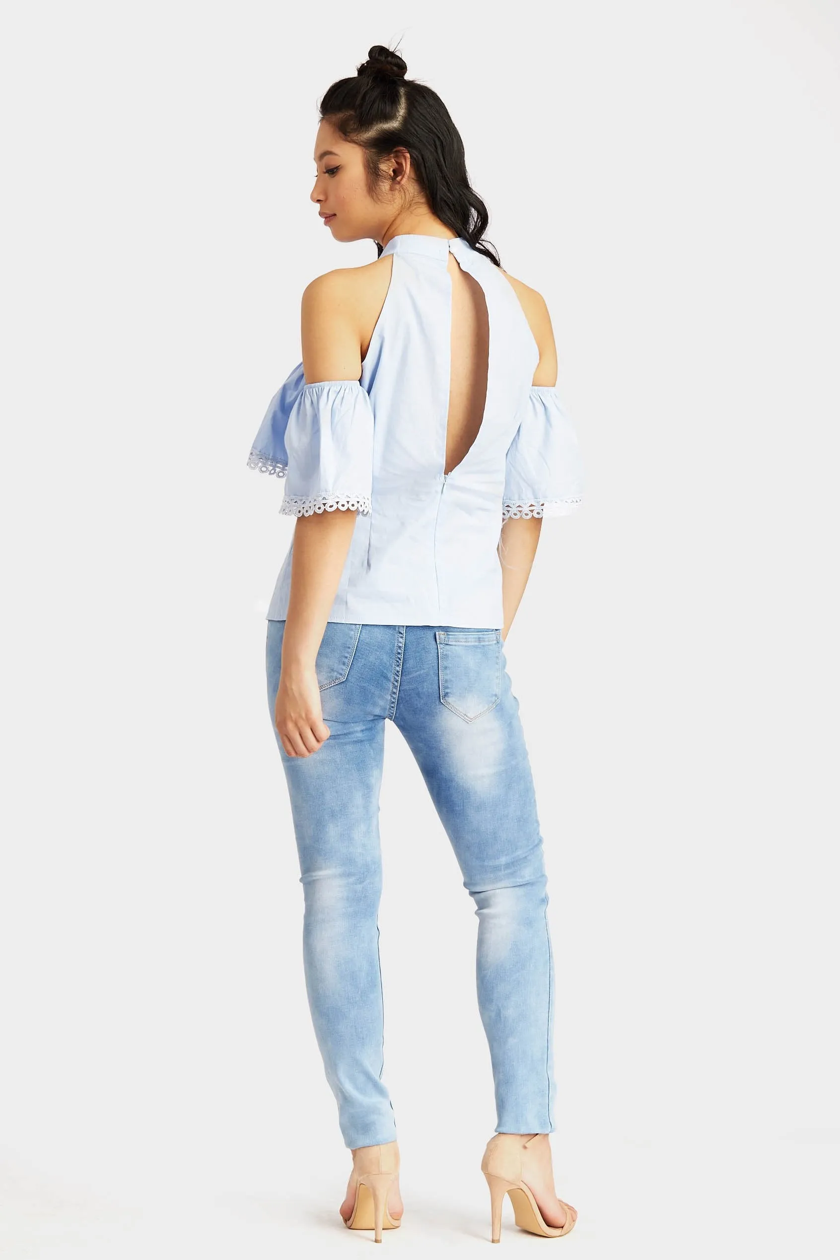 Blue Cut Out Shoulder Turtle Top