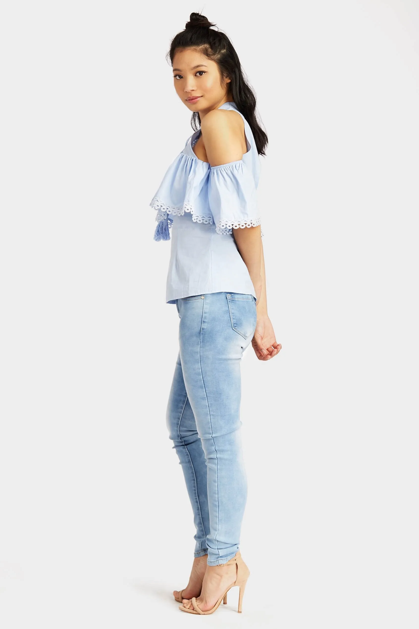 Blue Cut Out Shoulder Turtle Top