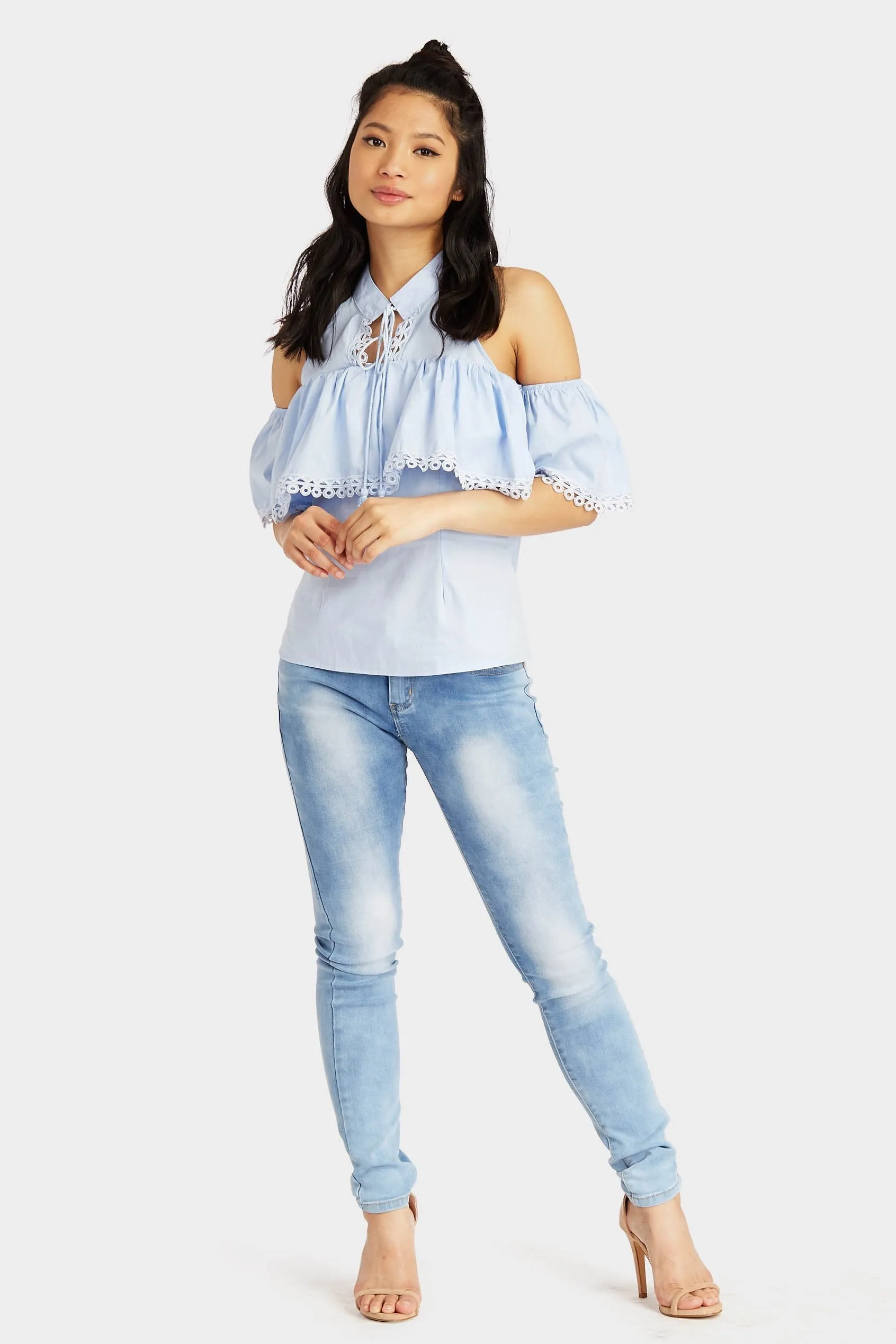 Blue Cut Out Shoulder Turtle Top