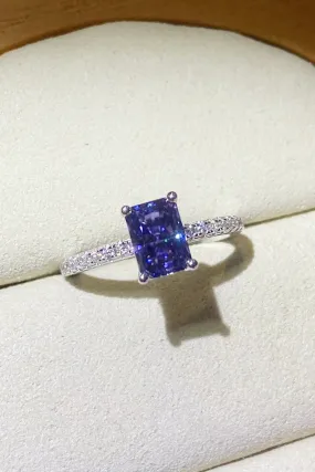 Blue Rectangle Moissanite Ring in 925 Sterling Silver