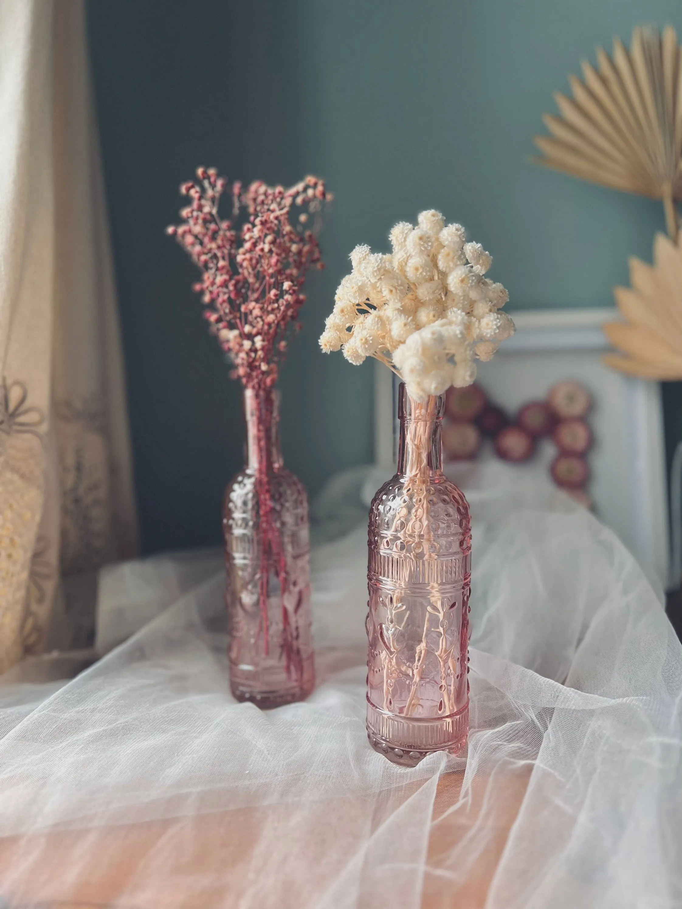 Bohemian Style Decoration Bottle Vase Glass Pink and Clear Boho House Decor