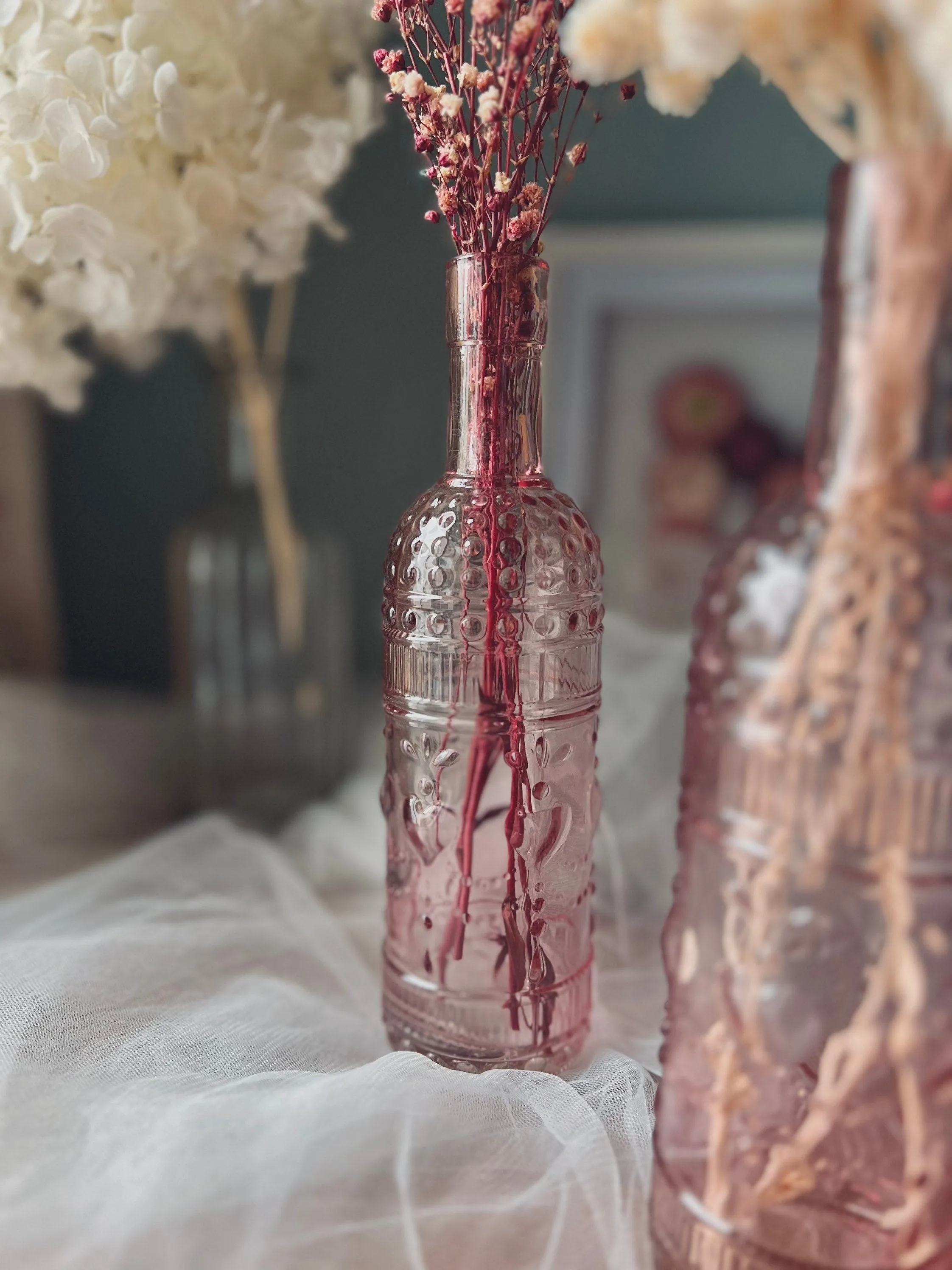 Bohemian Style Decoration Bottle Vase Glass Pink and Clear Boho House Decor