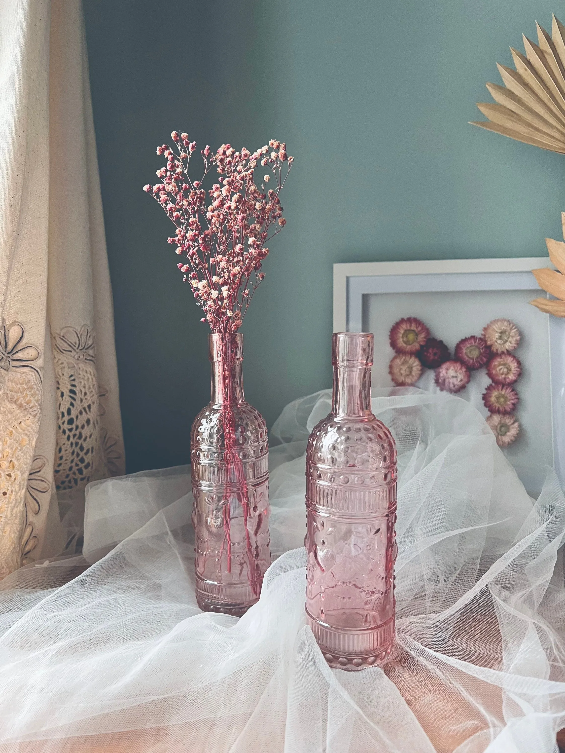 Bohemian Style Decoration Bottle Vase Glass Pink and Clear Boho House Decor