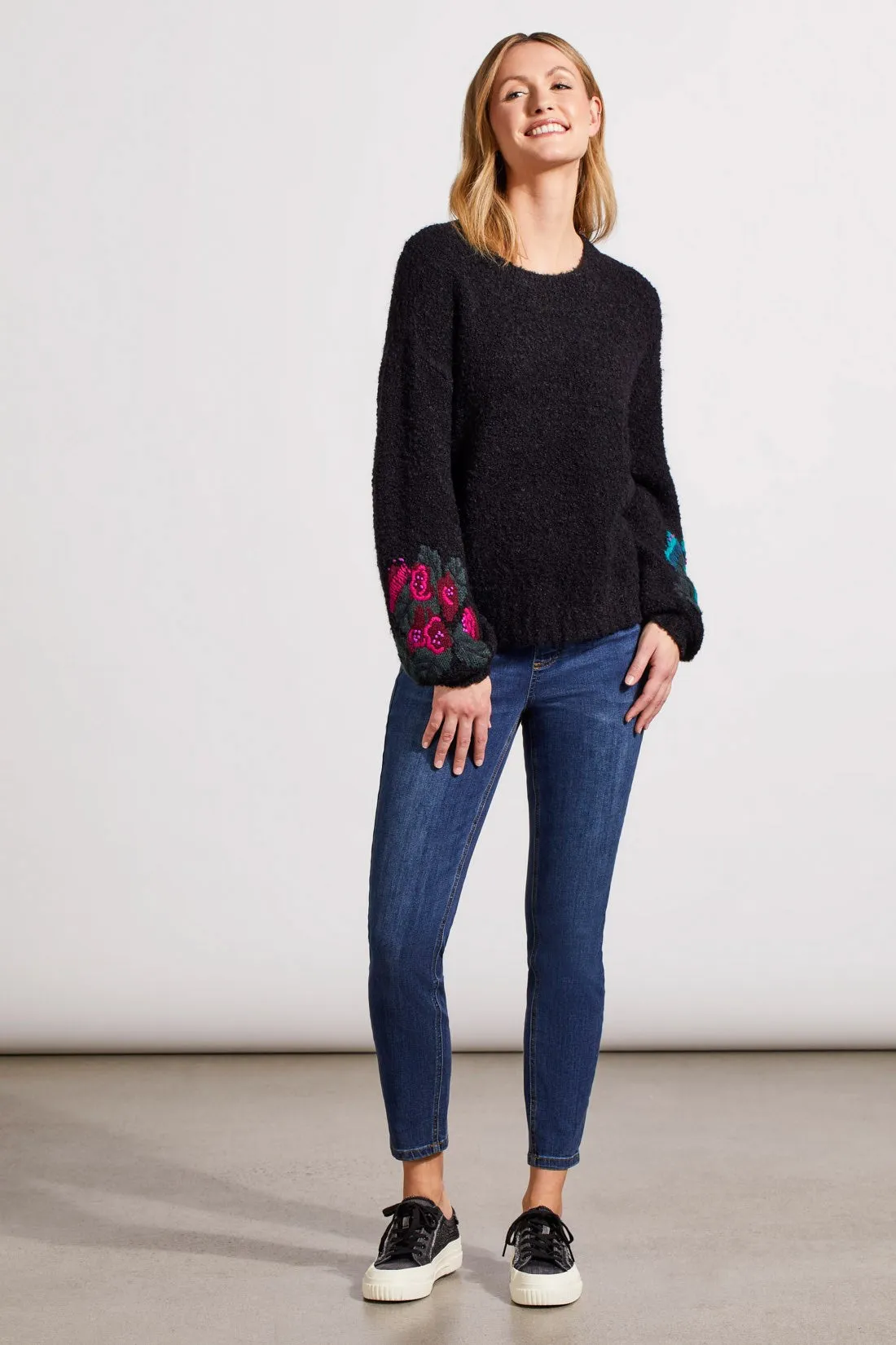 BOUCL DROP SHOULDER SWEATER WITH EMBROIDERED SLEEVES-Black