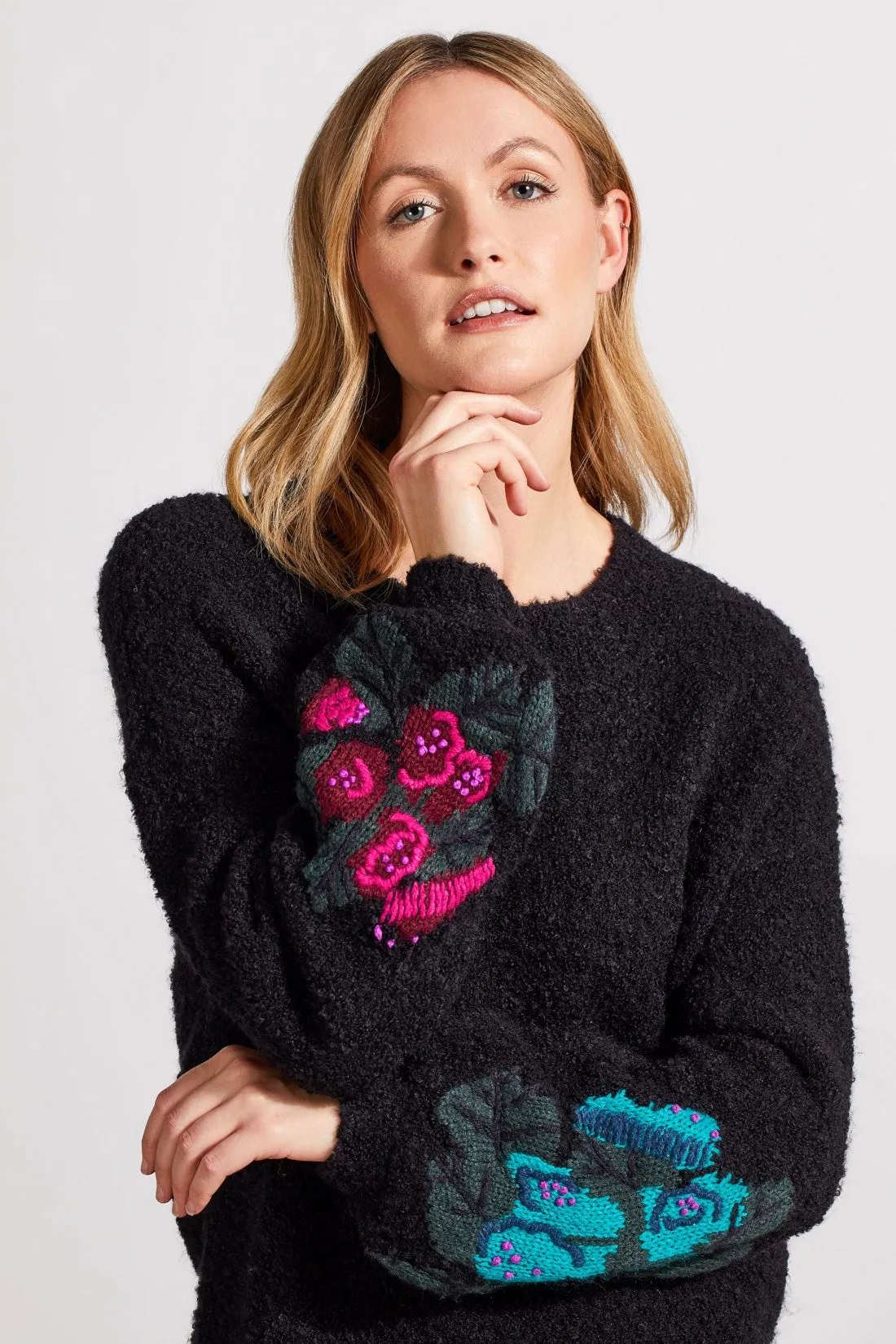 BOUCL DROP SHOULDER SWEATER WITH EMBROIDERED SLEEVES-Black