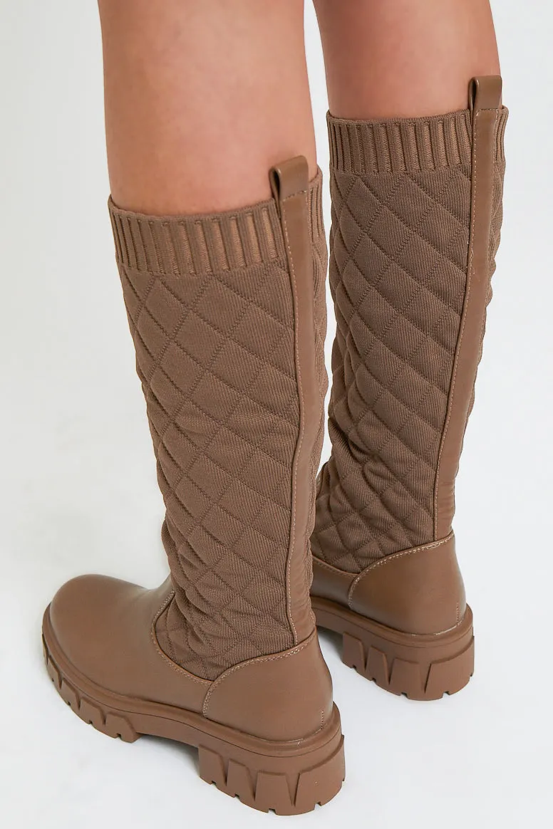 Brown Quilted Detail Knee High Boots - Bethsy