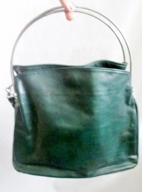 CABRELLI CANADA LEATHER Metal Loop Hoop Handle Purse Shoulder Bag GREEN Satchel