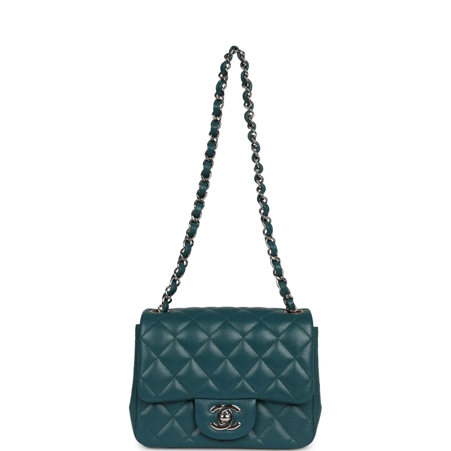 Chanel Mini Square Flap Bag Dark Green Caviar Silver Hardware