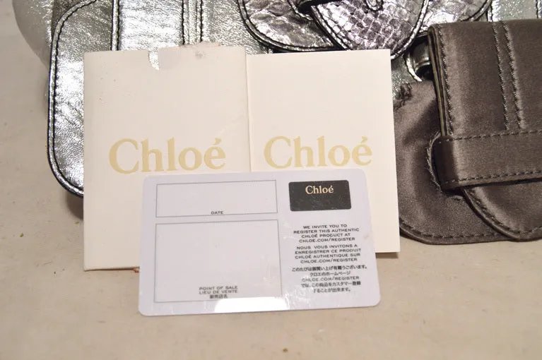 Chloe Silver Leather Satin Snakeskin Buckle Shoulder Bag