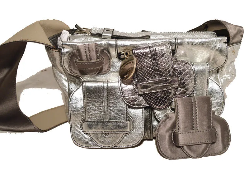 Chloe Silver Leather Satin Snakeskin Buckle Shoulder Bag