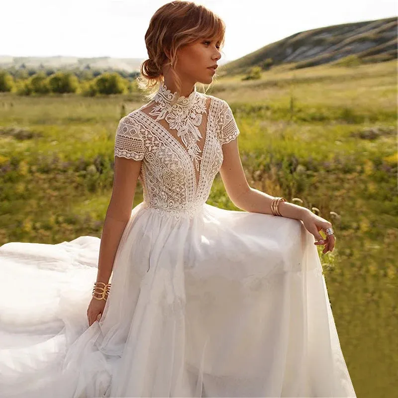 DREAM Boho Lace Tulle High Neck Wedding Dress