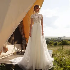 DREAM Boho Lace Tulle High Neck Wedding Dress