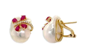 Earrings 14kt Gold Baroque Pearls with Rubies & Diamonds Butterflies