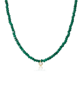 Green Jade and Diamond Necklace - 14K Yellow Gold