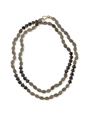 Grey Hardwood Oval and Bronzite Flower Necklace