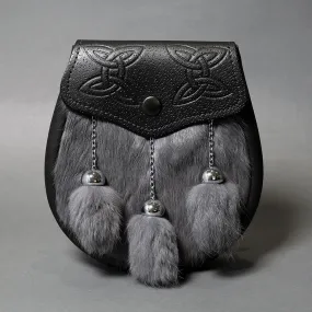 Grey Rabbit Fur Semi-Dress Sporran with Celtic Embossing