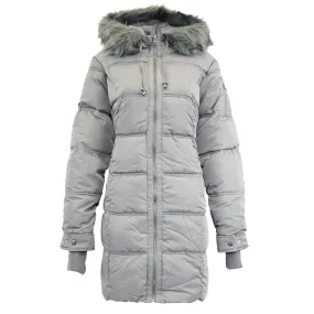 Jessica Simpson Women's Fur Trimmed Sherpa Lined Quilted Puffer Jacket Ice Grey M