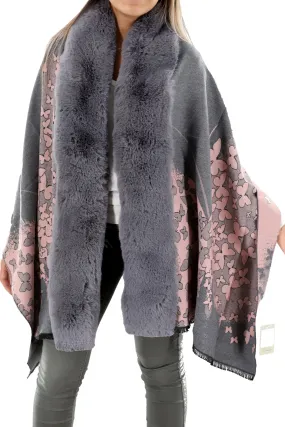 La Fiorentina | Faux Fur Trim Wrap with Print - Grey