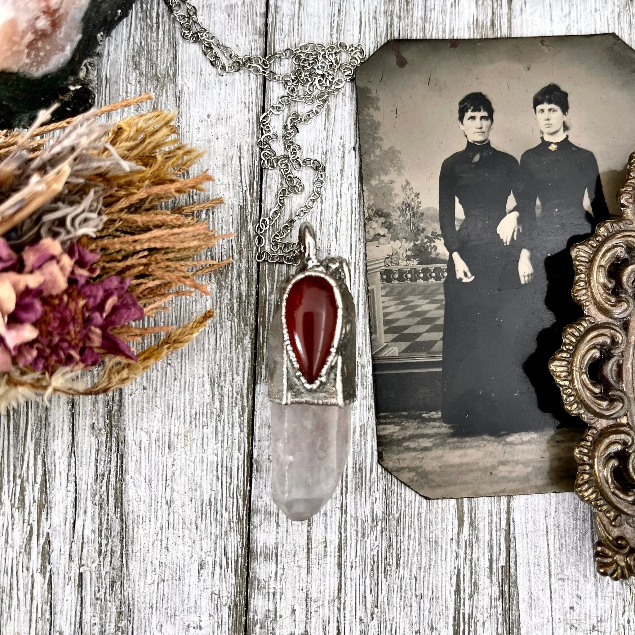 Large Raw Clear Quartz & Carnelian Crystal Statement Necklace in Fine Silver / Foxlark Collection - One of a Kind /