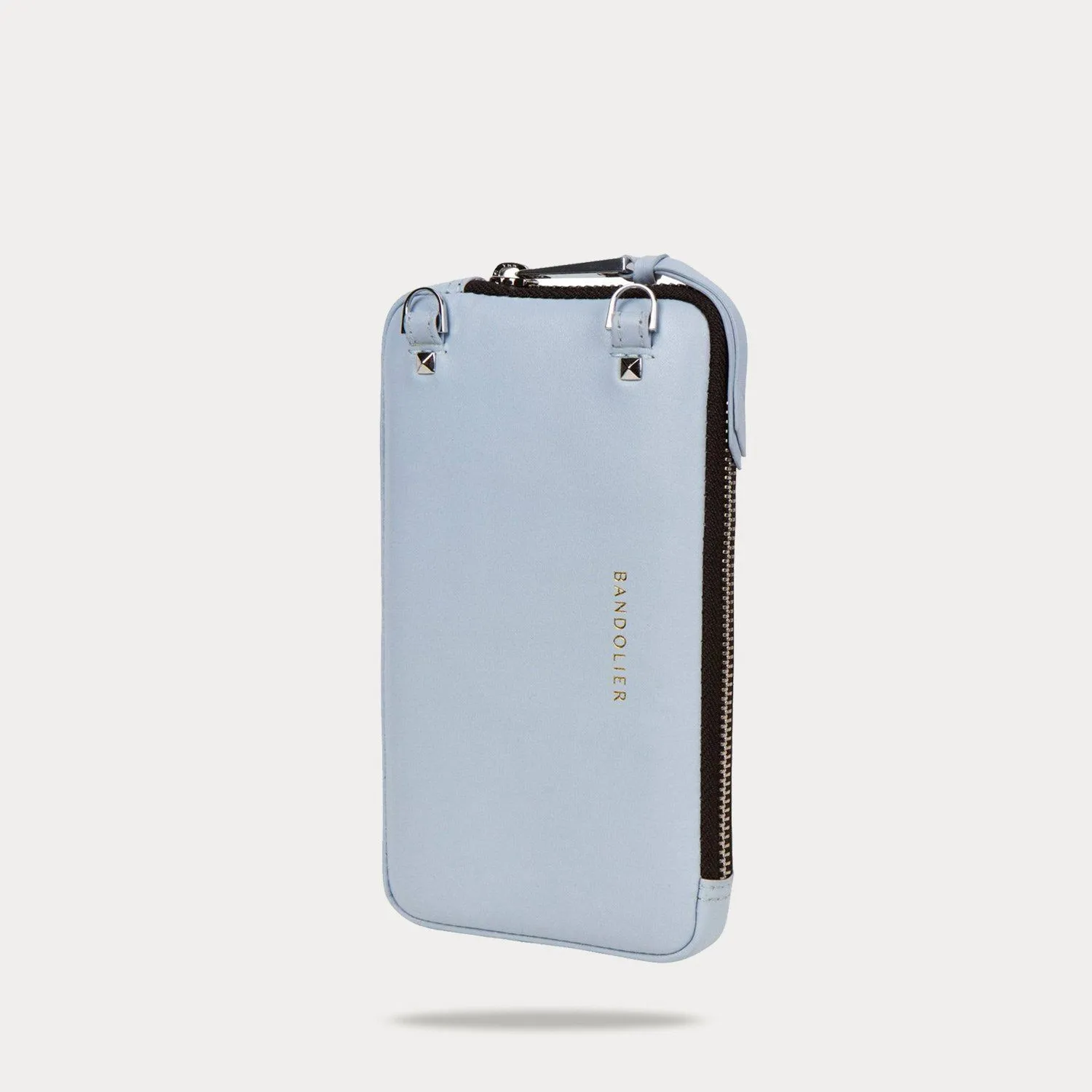 Smooth Leather Expanded Zip Pouch - Light Blue/Silver