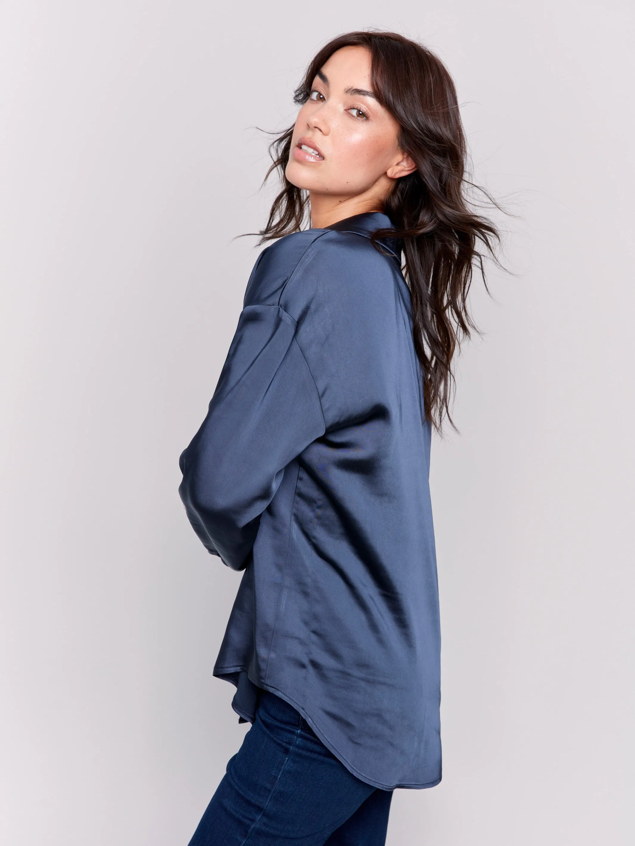 Solid Satin Button-Down Shirt - Navy