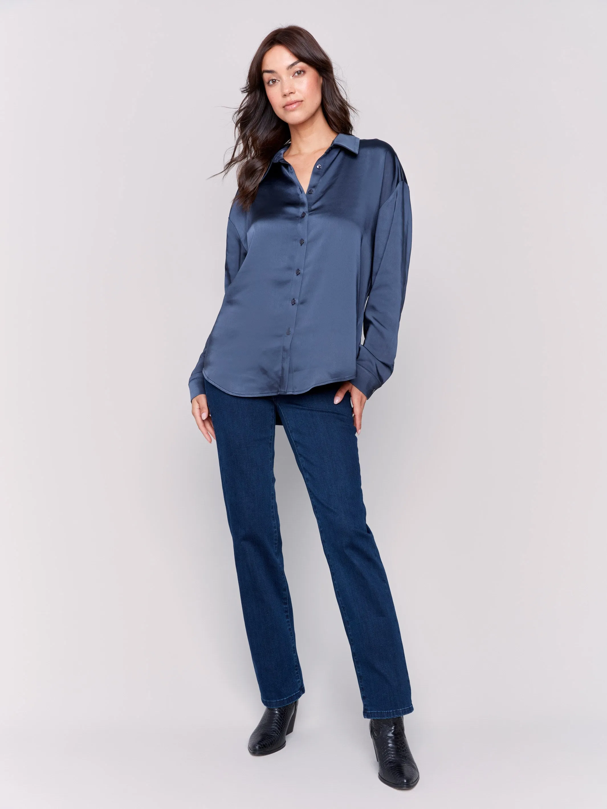 Solid Satin Button-Down Shirt - Navy