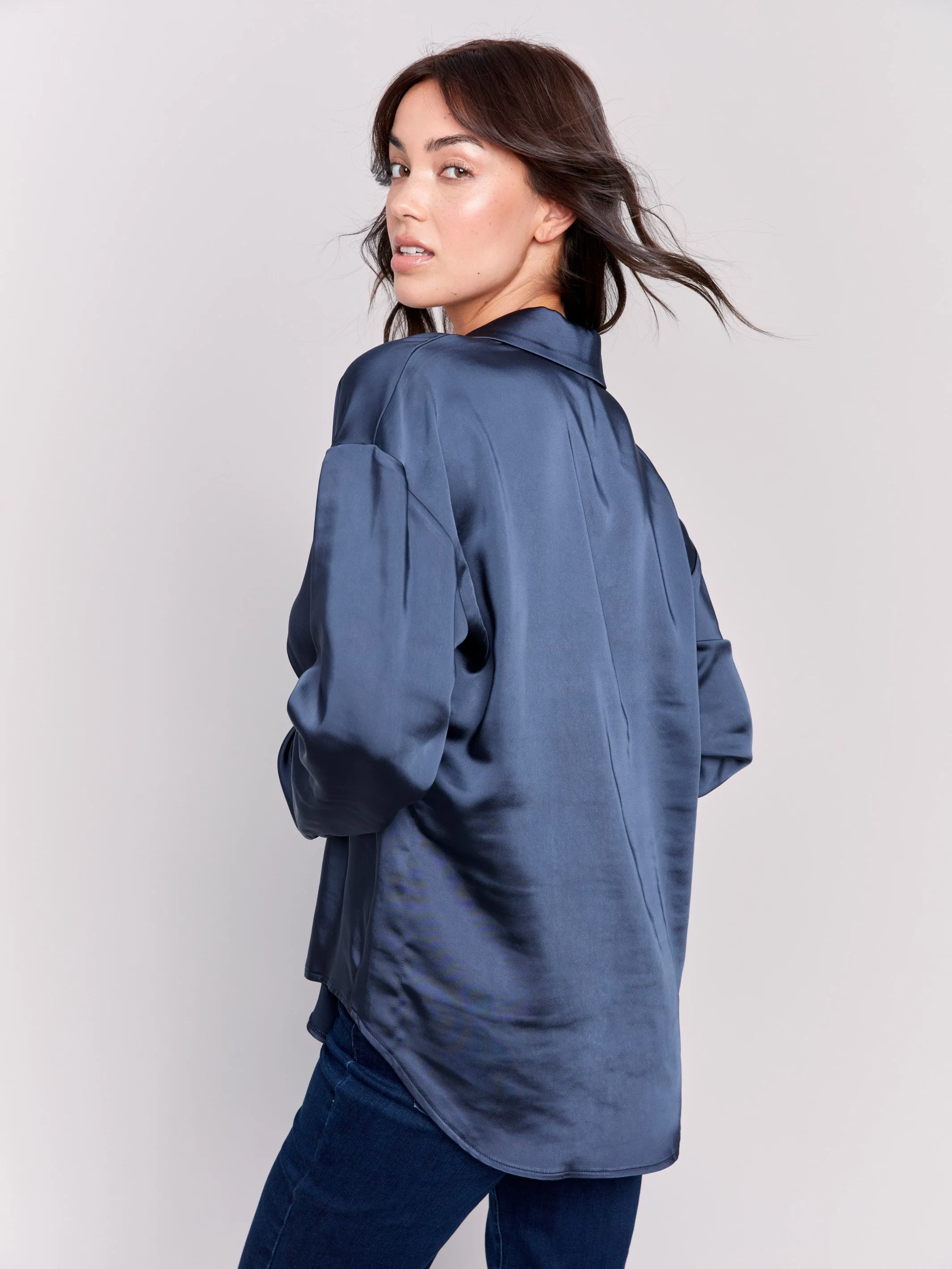 Solid Satin Button-Down Shirt - Navy