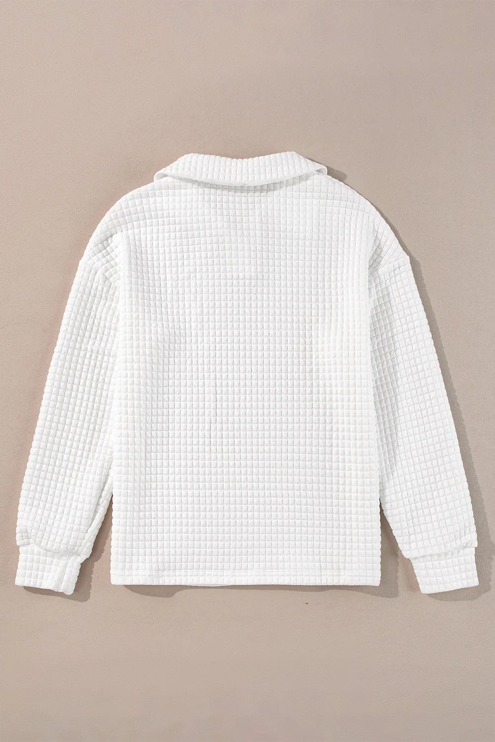 White Quilted Texture Sporty Collared Long Sleeve Top